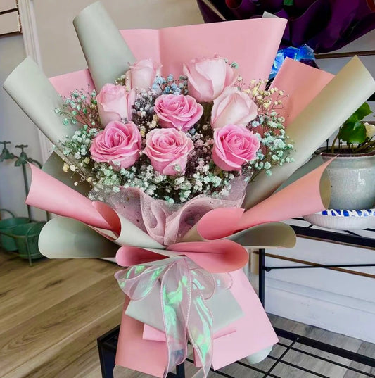 8-Stem Pink Rose With Wrapping
