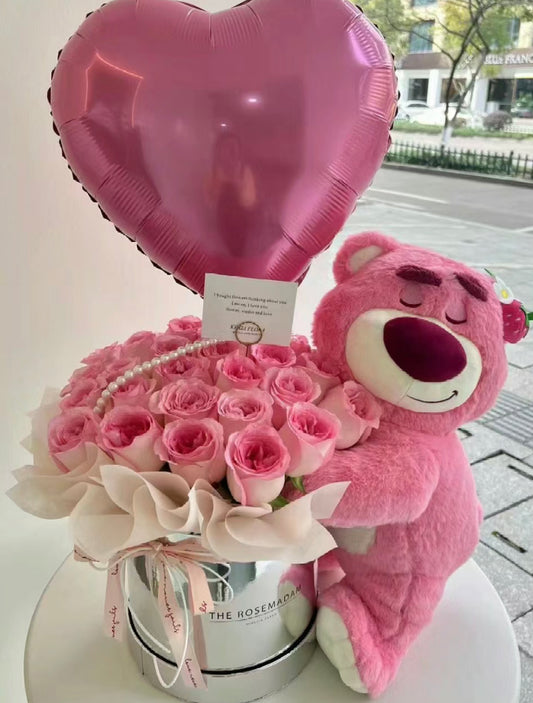 Pink Rose With a Bear 50-Stem