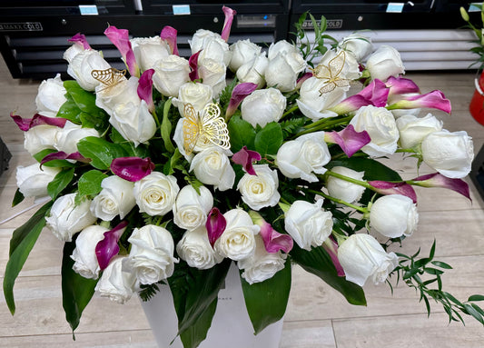 White Rose With Purple Calla Lilies Half Casket Cover